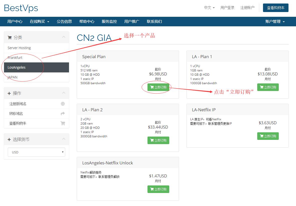 CN2 GIA 国外VPS BestVps新手购买教程-选择数据中心和套餐