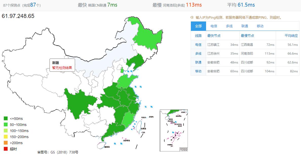 41云韩国VPS全国ping延迟测试