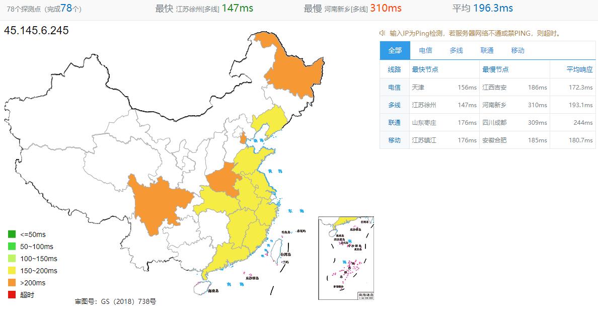 触摸云美国VPS全国Ping测试