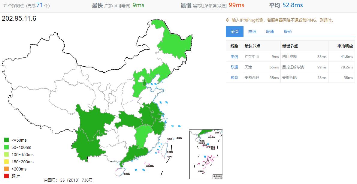 速科云香港服务器全国三网IP Ping测试