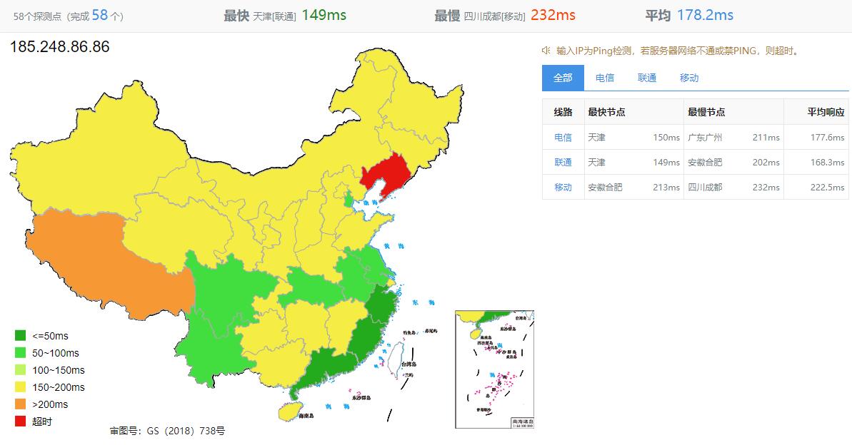 V.PS英国VPS测评 - 全国三网Ping延迟效果