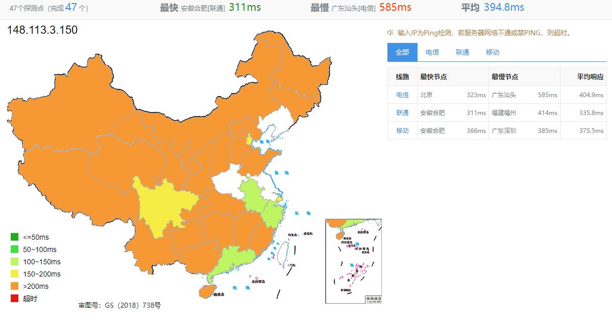 Regxa印度VPS测评 - 全国三网Ping延迟测试