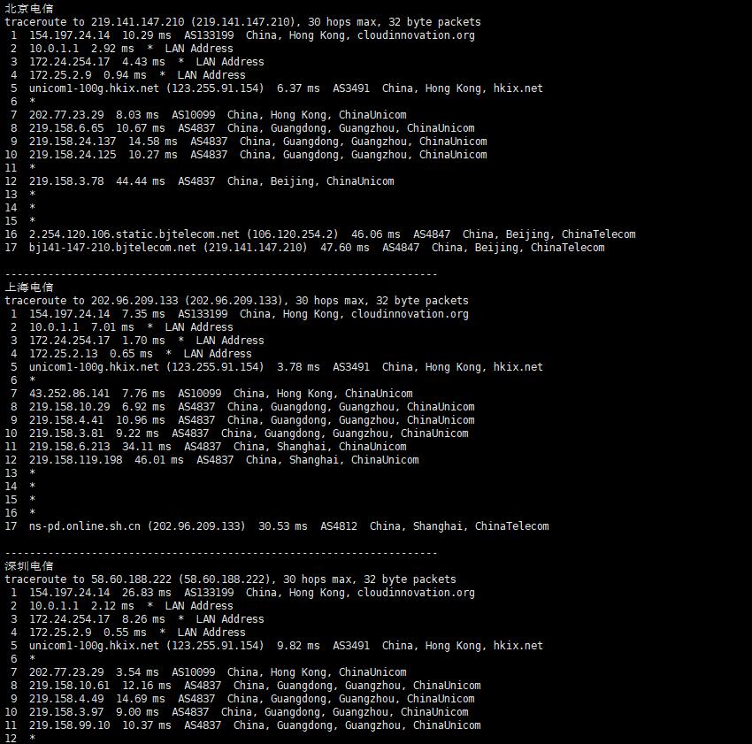 F7CLOUD香港VPS测评 - 电信回程路由