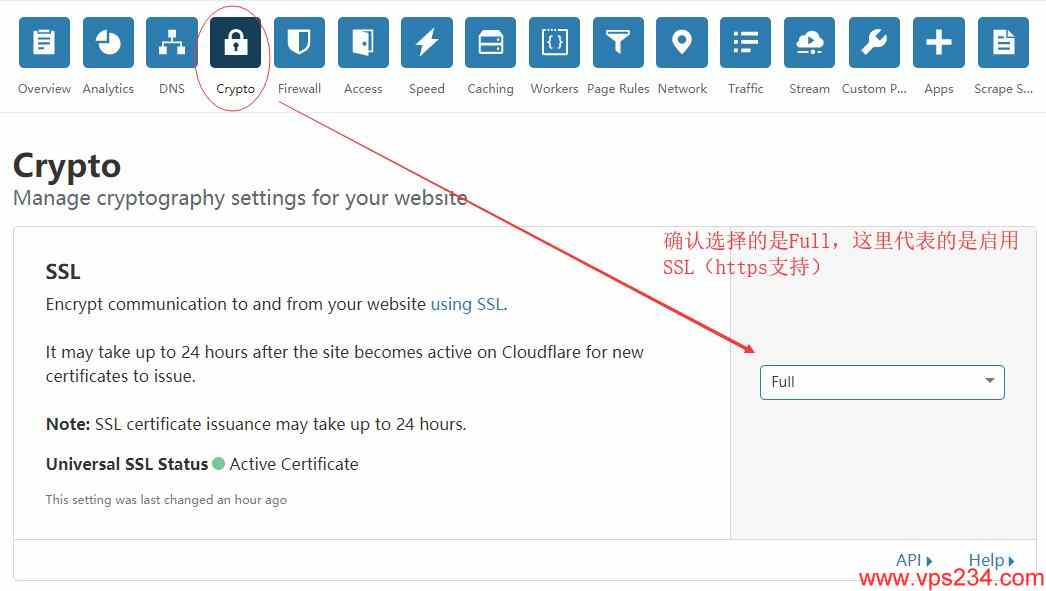 cloudflare 设置 - crypto 启用full模式，支持SSL+HTTPS