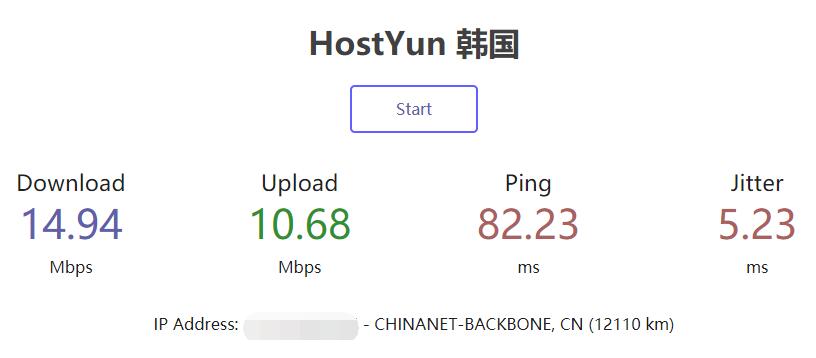 HostYun韩国VPS速度测试效果图