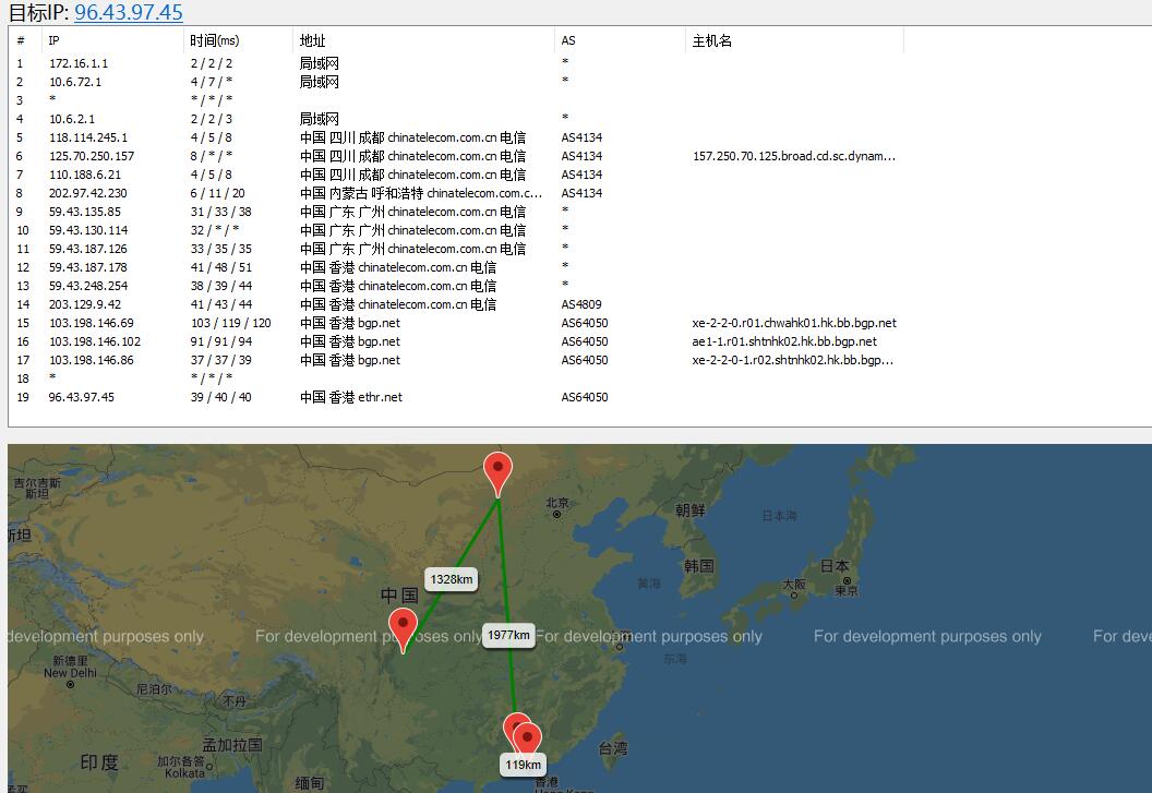 天上云香港服务器路由测试