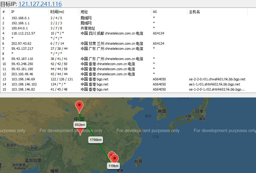 速科云香港VPS去程路由效果图