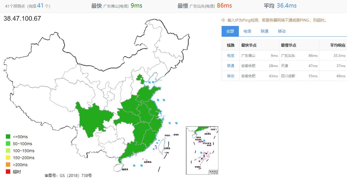 vmiss香港VPS测评 - 全国三网Ping延迟测试