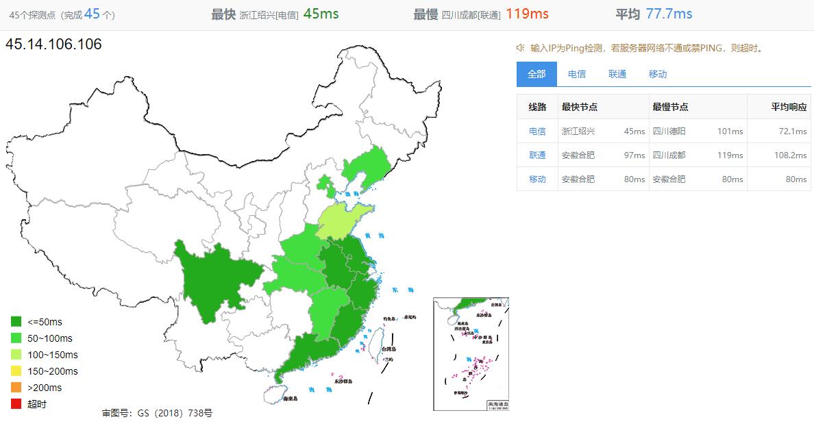 绿云日本VPS测评 - 全国三网Ping延迟