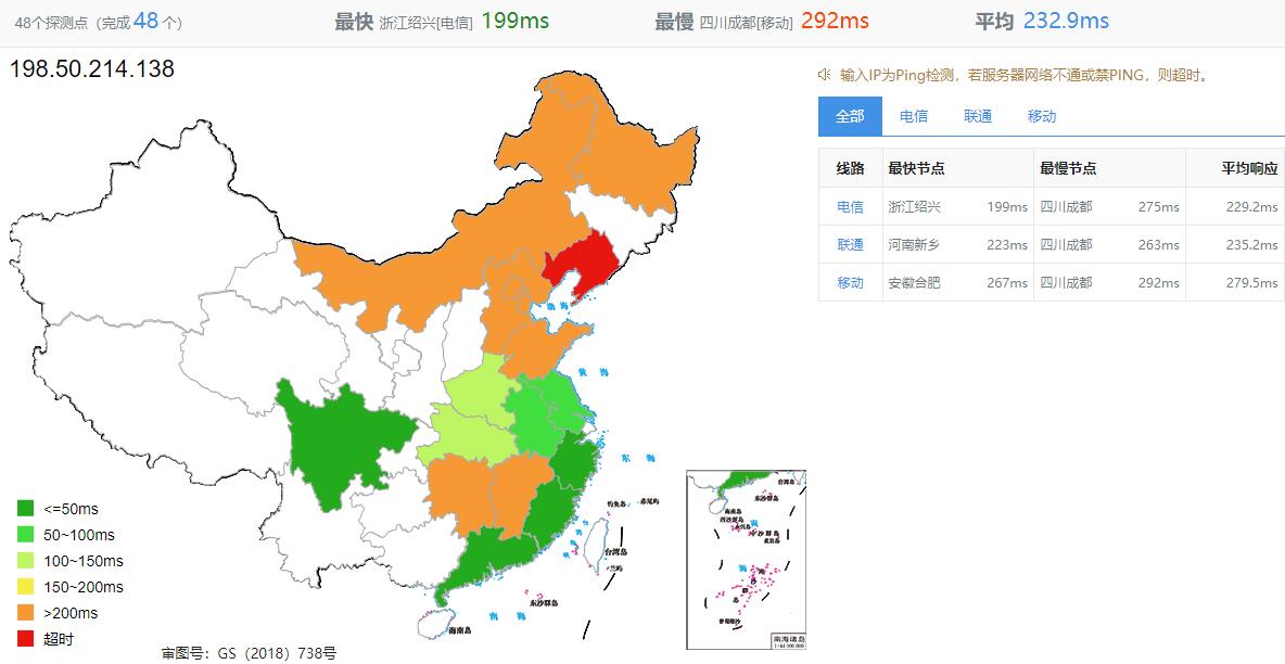 HostNamaste加拿大VPS测评 - 全国三网Ping延迟测试