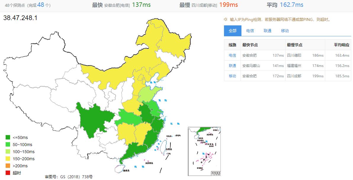 华纳云美国站群服务器测评 - 全国三网Ping的延迟效果