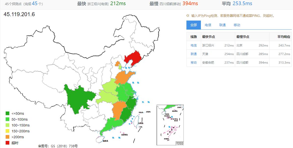 绿云新加坡VPS测评 - 全国三网Ping的平均延迟