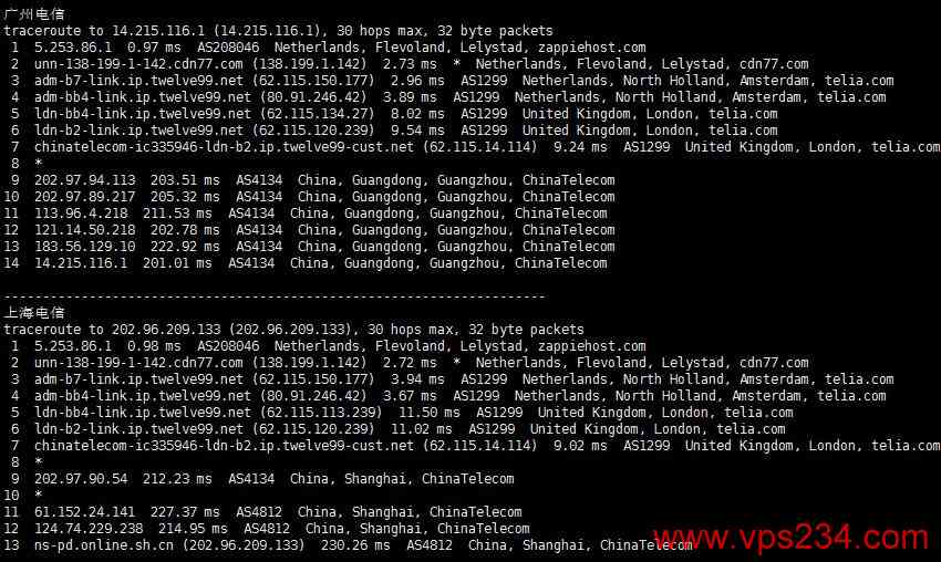 HostShield荷兰VPS测评 - 电信回程路由