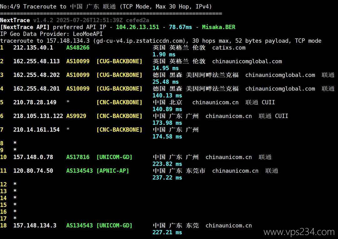 丽萨主机英国VPS网络测试-联通回程路由