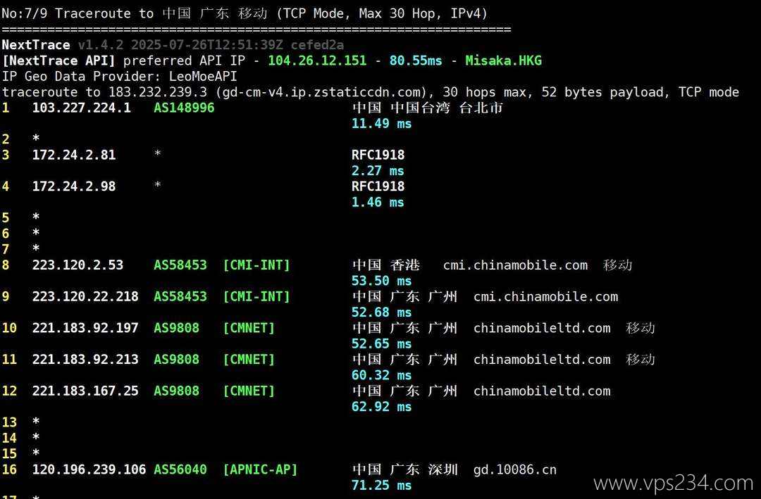 丽萨主机台湾VPS网络测试-移动回程路由