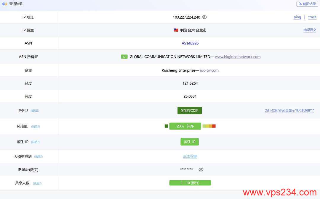 丽萨主机台湾VPS网络测试-IP属性