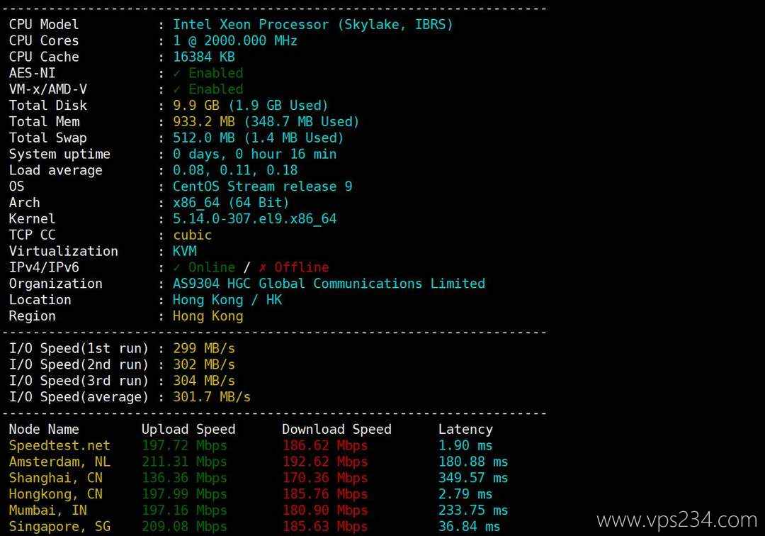 荫云香港家宽VPS网络测试-性能和下载速度
