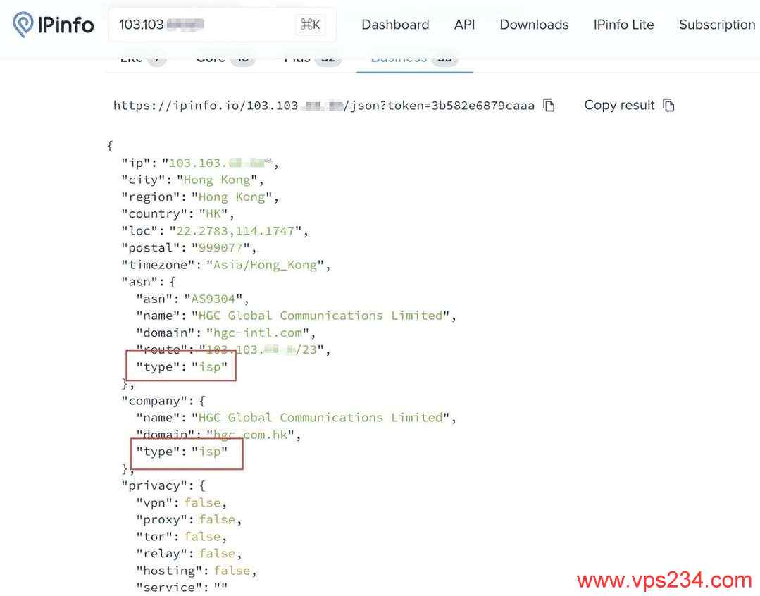 荫云香港家宽VPS网络测试-IP的ISP类型