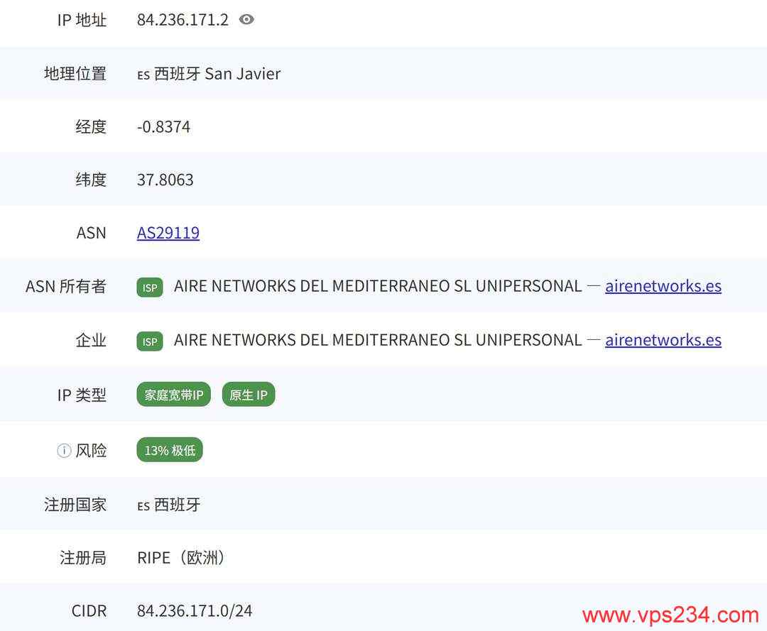 WePC西班牙家宽VPS网络测试-ISP类型IP
