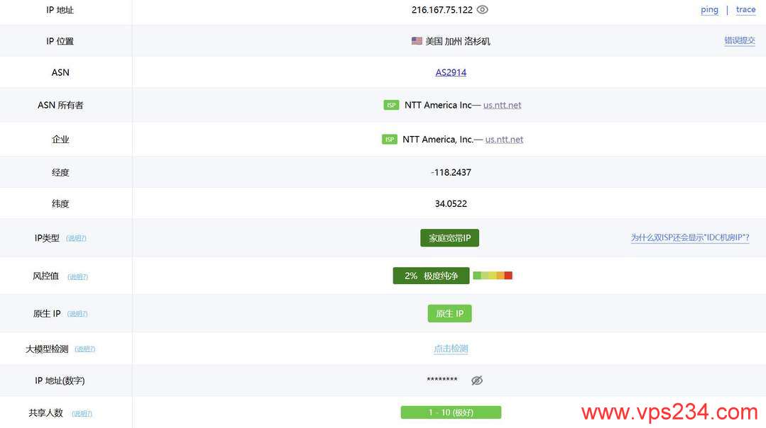 莱卡云美国家宽VPS网络测试-IP属性