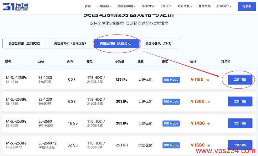 31IDC圣何塞节点美国站群服务器购买教程-套餐选择