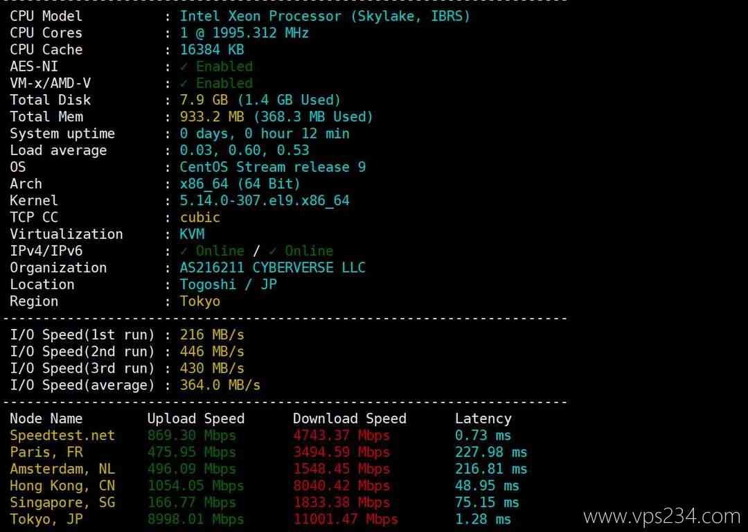 Skyline Connect日本VPS网络测试-性能和速度