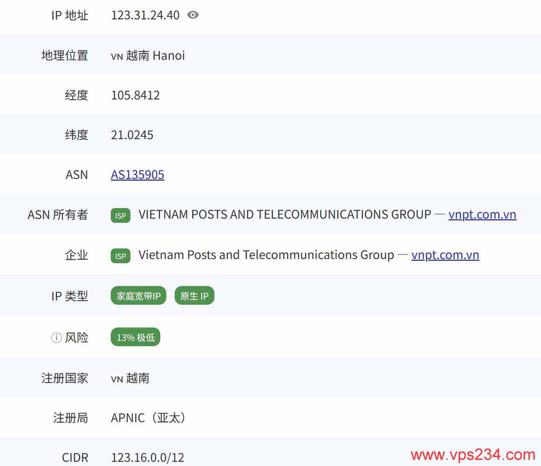 TotHost独享带宽越南家宽VPS网络测试-IP的ISP类型测试