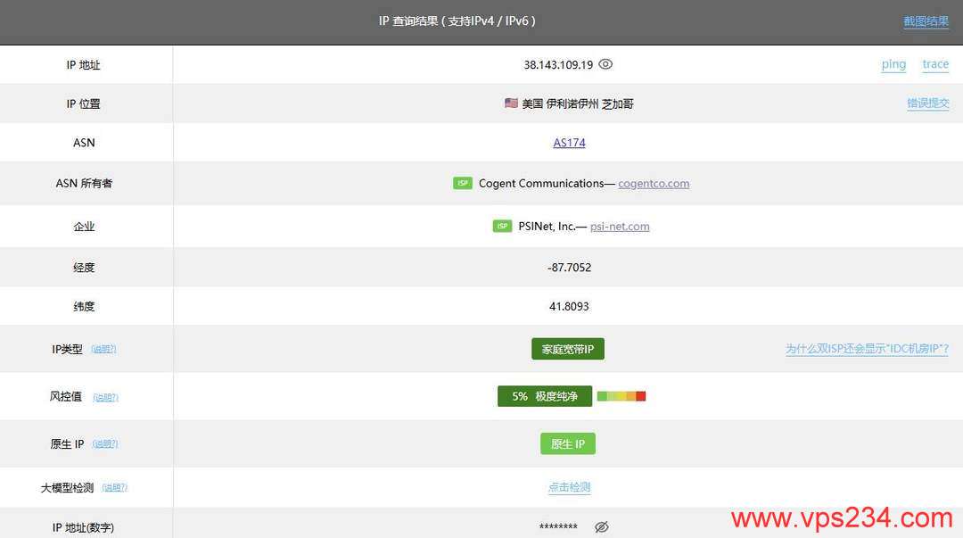 丽萨主机芝加哥机房美国家宽VPS网络测试-IP属性