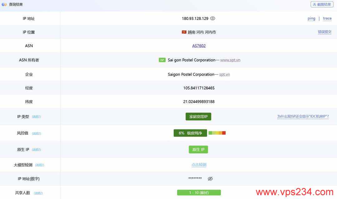 丽萨主机越南家宽VPS网络测试-IP属性