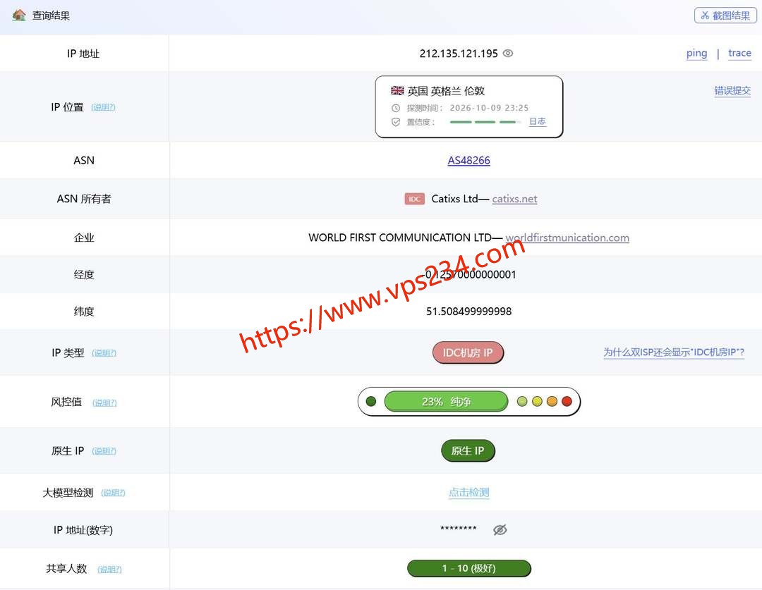 六六云英国VPS网络测试-IP属性