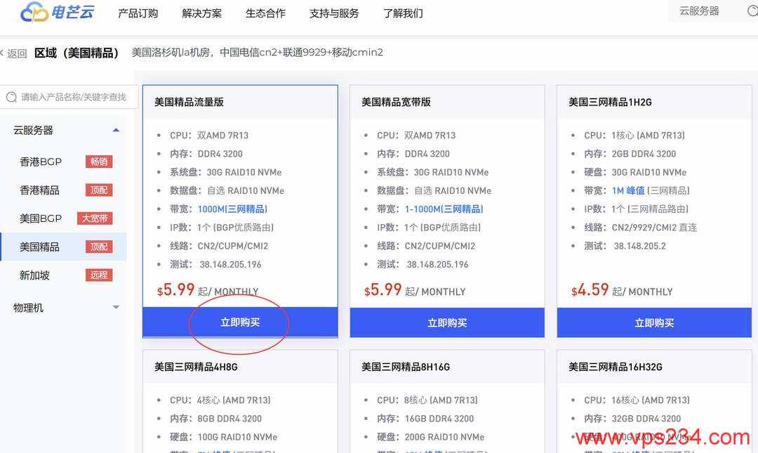 电芒云美国VPS购买教程-套餐选择