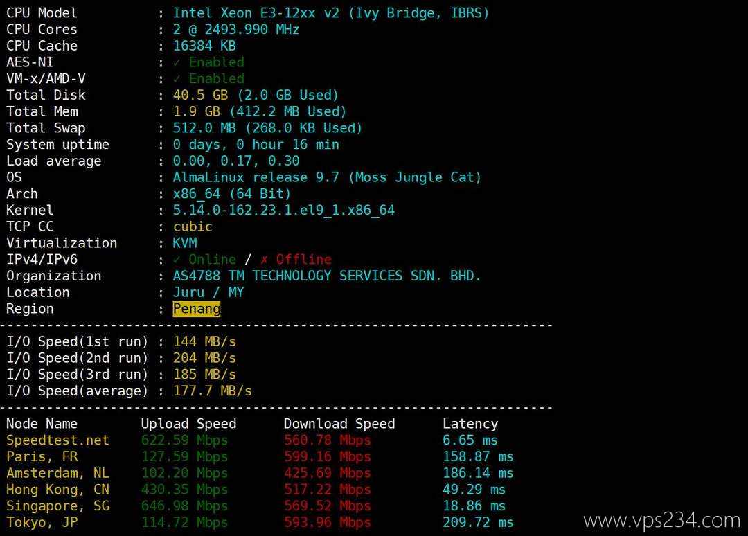 荫云马来西亚家宽VPS网络测试-性能和速度