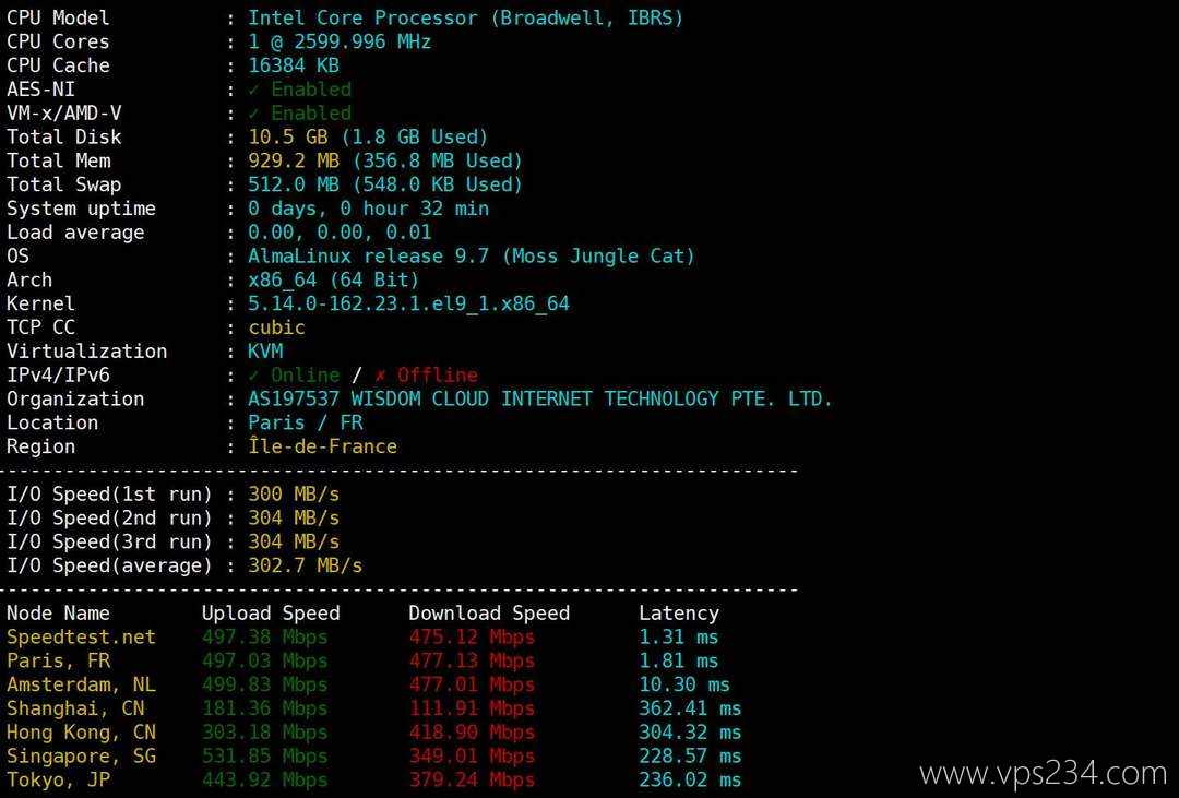 荫云法国家宽VPS网络测试-性能和速度