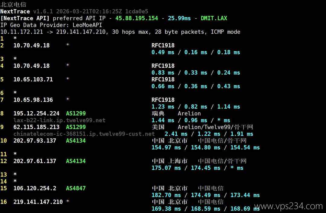 UCloud奔流型美国VPS网络测试-电信回程路由