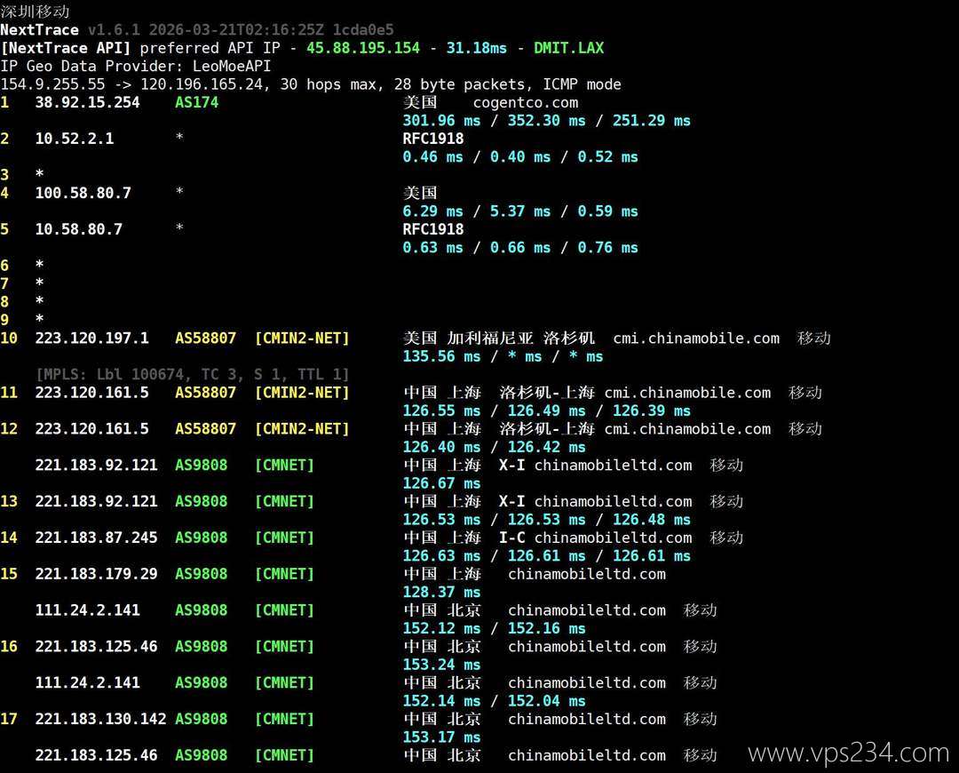 雨云的美国VPS网络测试-移动回程路由
