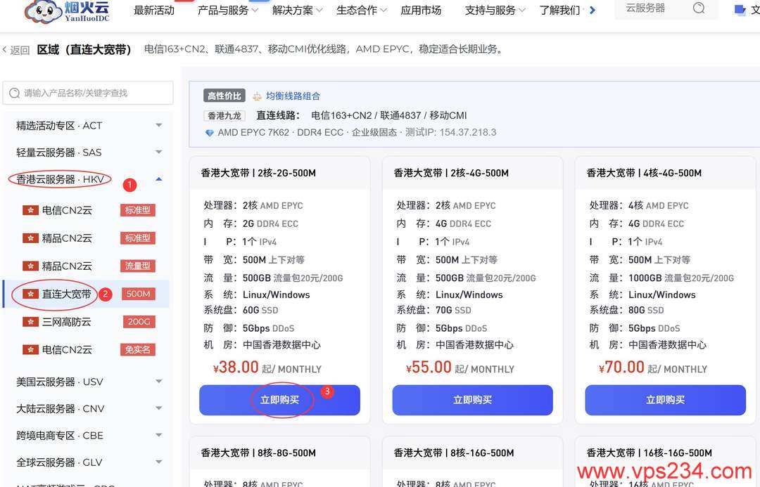 烟火云香港大带宽VPS购买教程-套餐选择