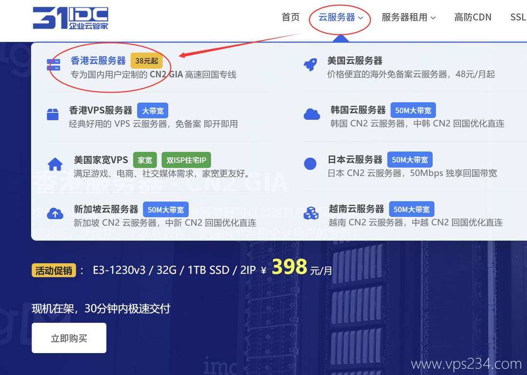 31IDC香港VPS购买教程-购买入口