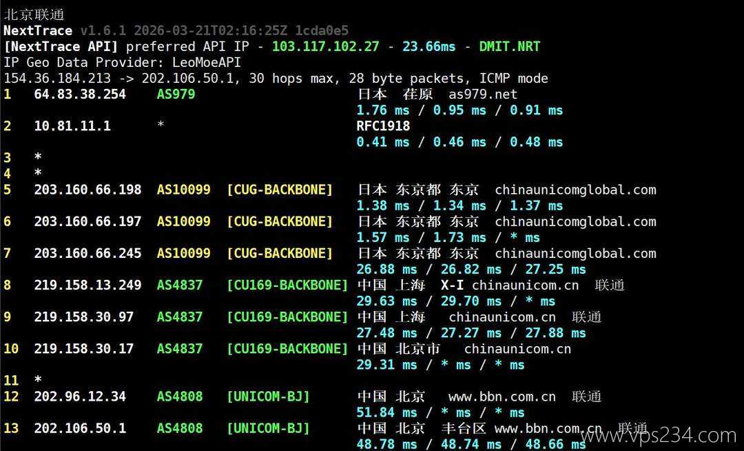 雨云日本VPS网络测试-联通回程路由
