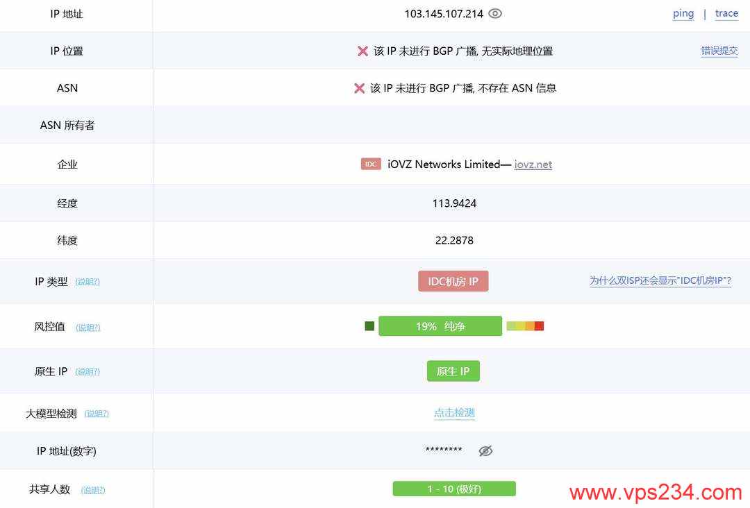 VPS.CAT香港VPS网络测试-IP属性