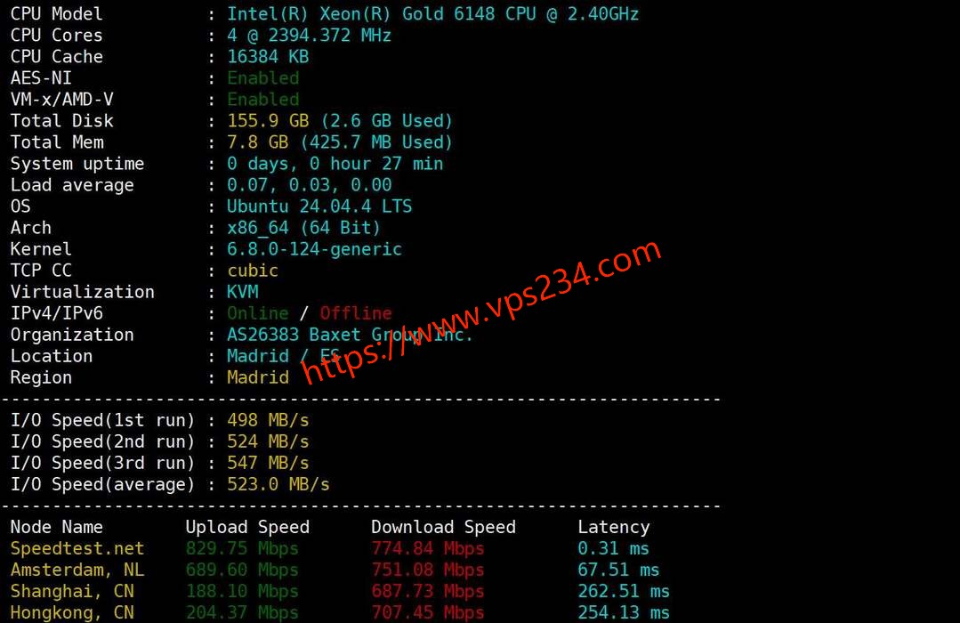 DigitalCloud西班牙VPS网络测试-性能和速度
