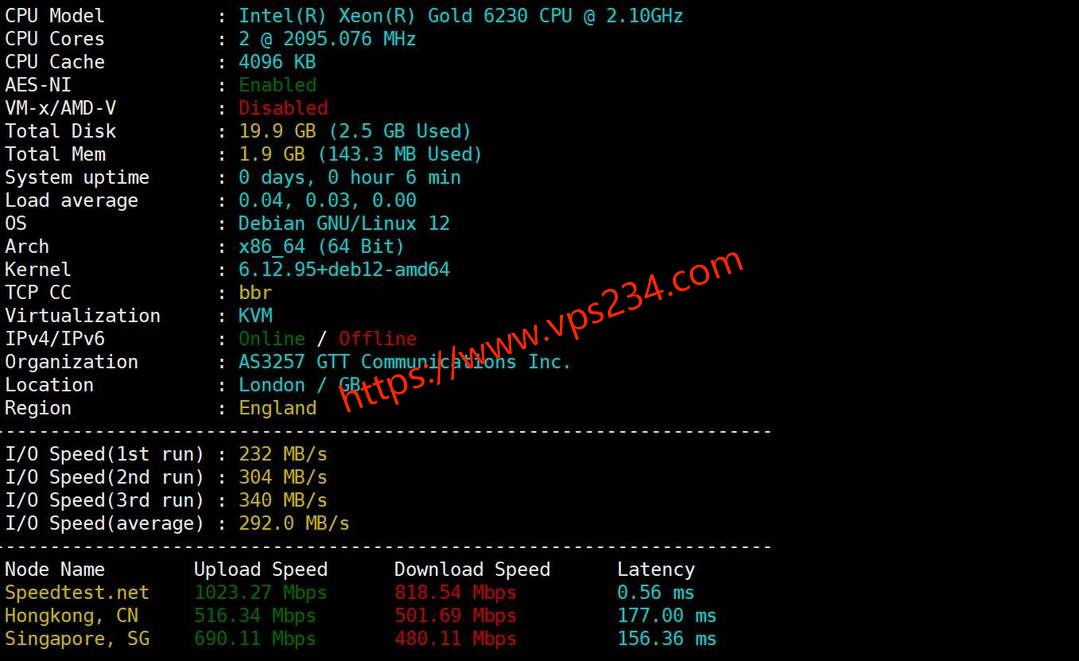 六六云英国家宽VPS网络测试-性能和速度