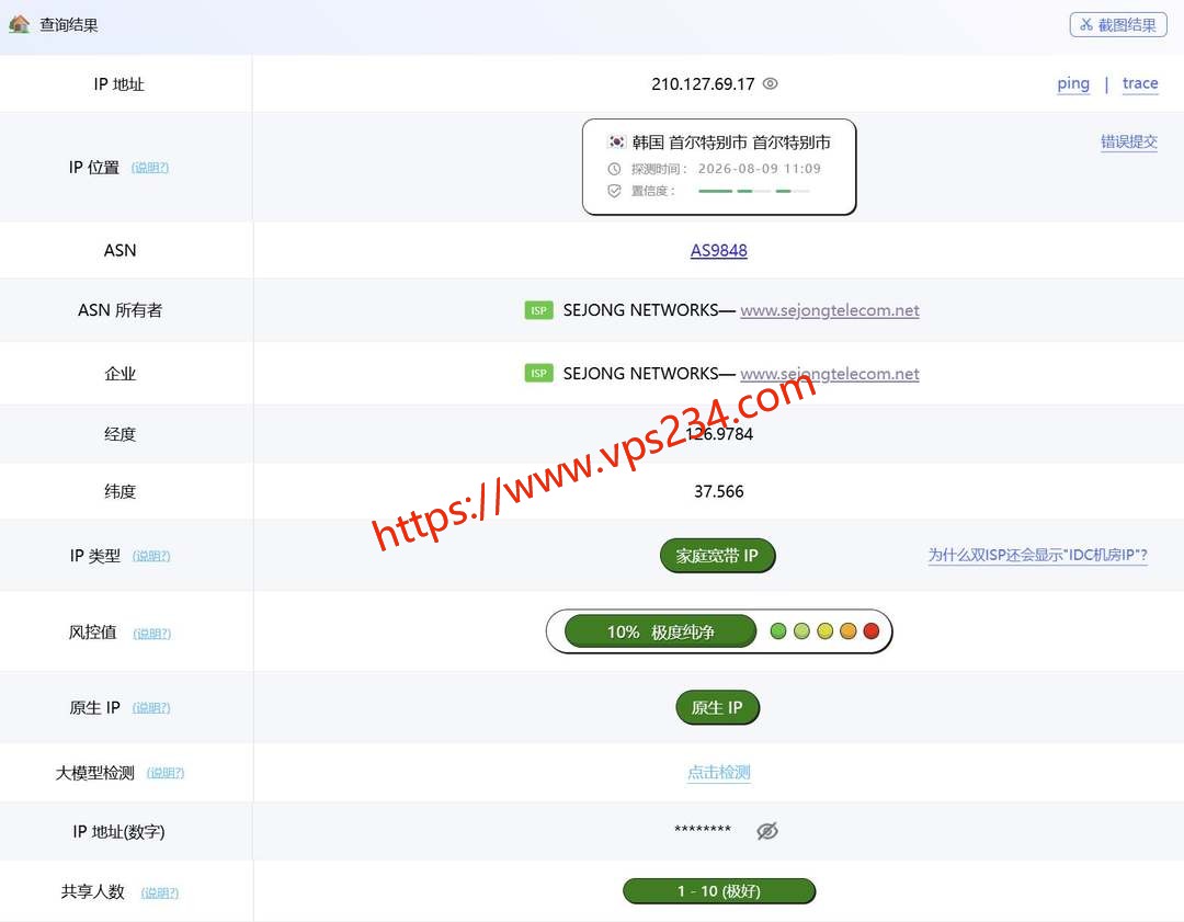 六六云韩国家宽VPS网络测试-IP属性