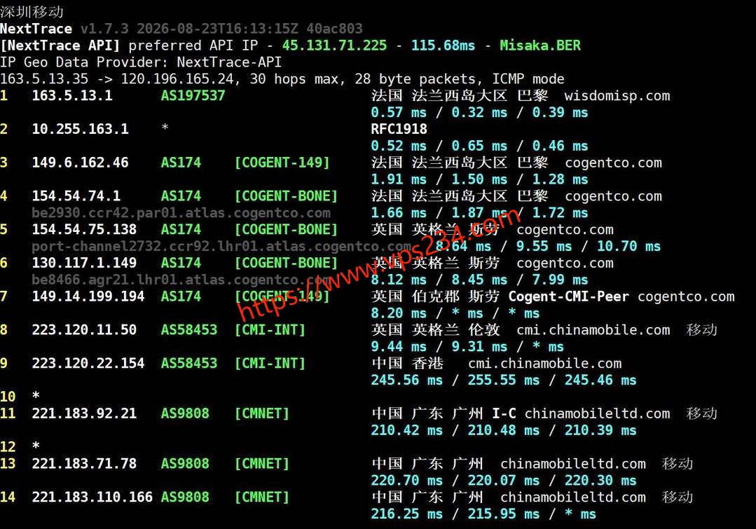 莱卡云法国家宽VPS网络测试-移动回程路由