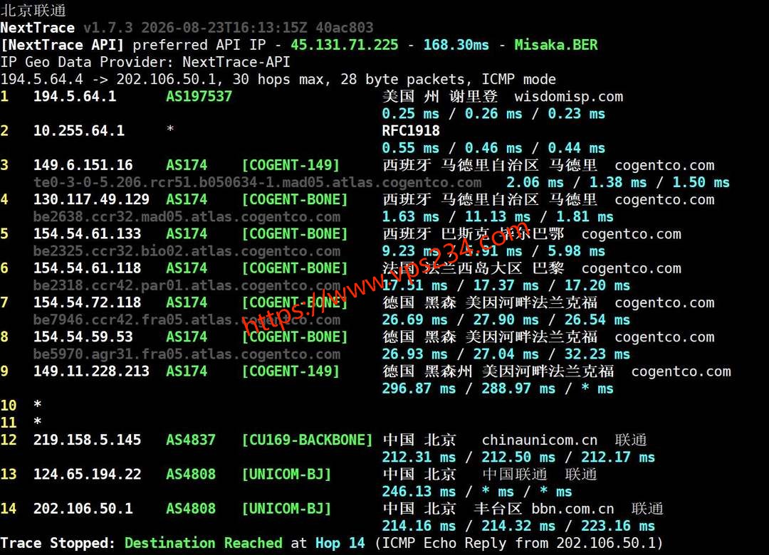 莱卡云西班牙VPS网络测试-联通回程路由