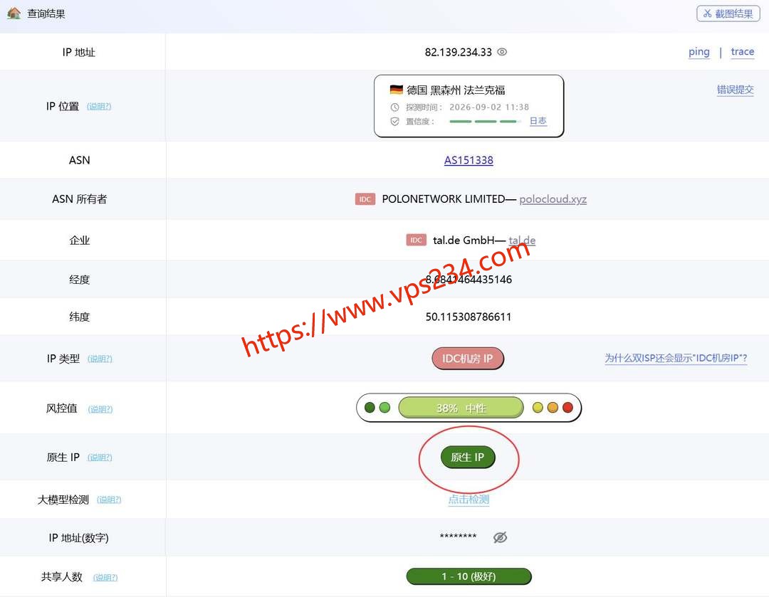 丽萨主机德国VPS网络测试-IP属性